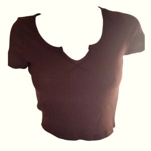 Bozzolo Crop Top Woman's S Brown Waffle Texture V-Neck‎ Short Sleeves Juniors
